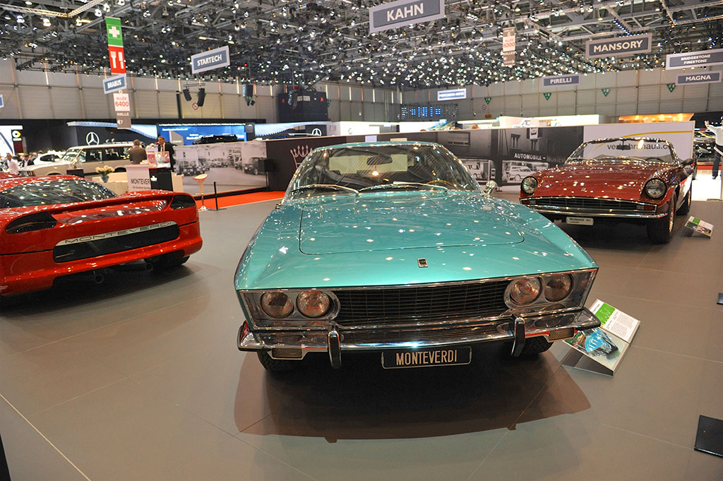 1969-1975 Monteverdi High Speed 375 L carrosserie Fissore de face au salon de Genève 2017
