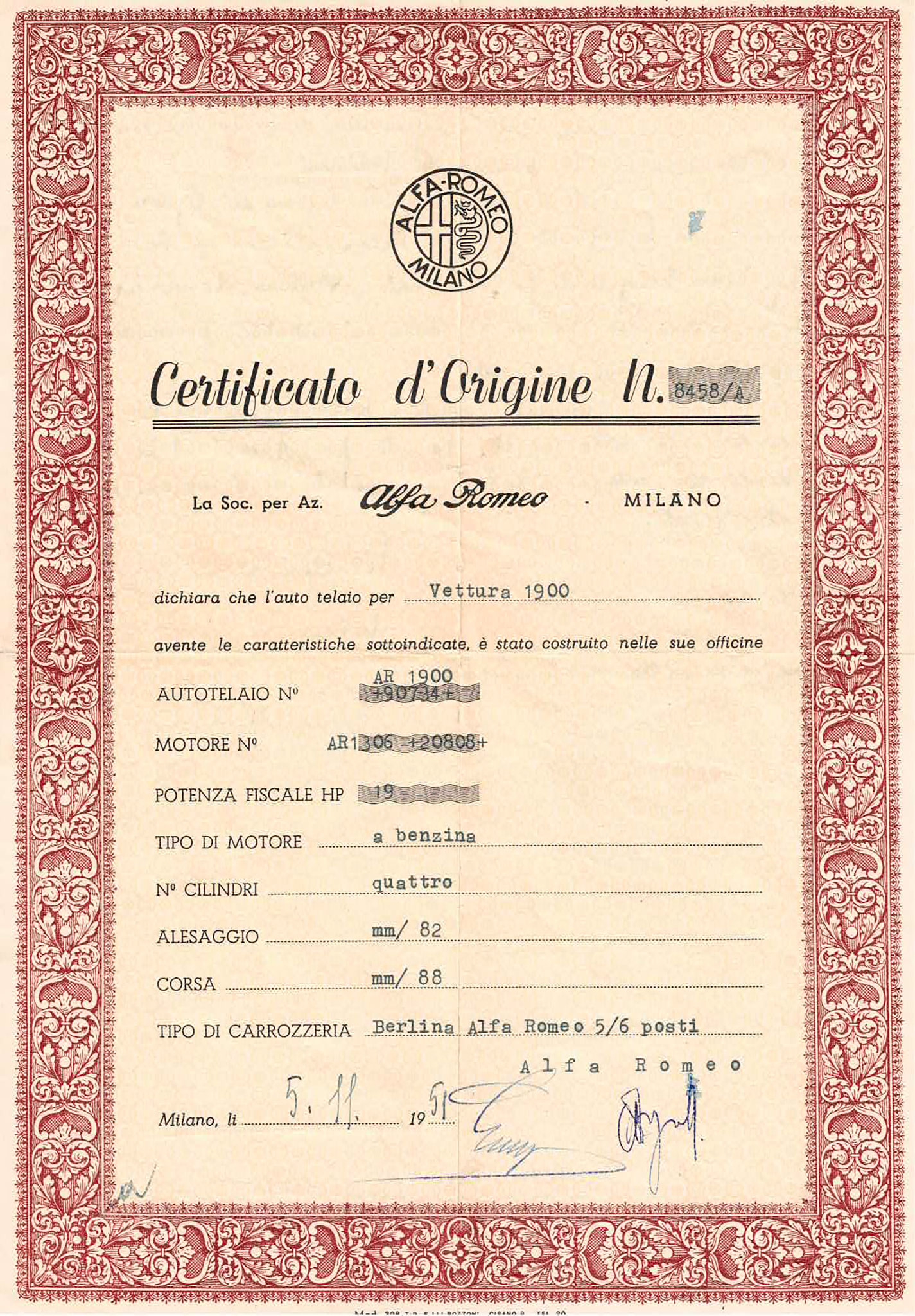 1951 Alfa Romeo 1900 Abarth et son certificat d’origine lors de son importation en Suisse.